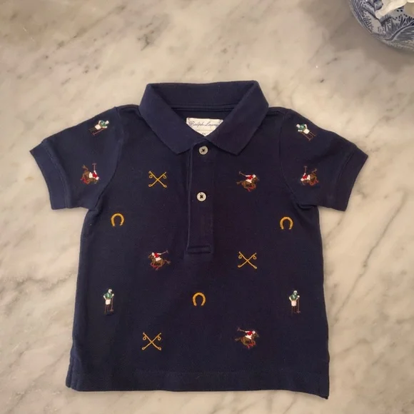 Ralph Lauren Navy Polo Knit with Polo Players, Horses & Horseshoes Shirt Size 6M - Picture 2 of 5